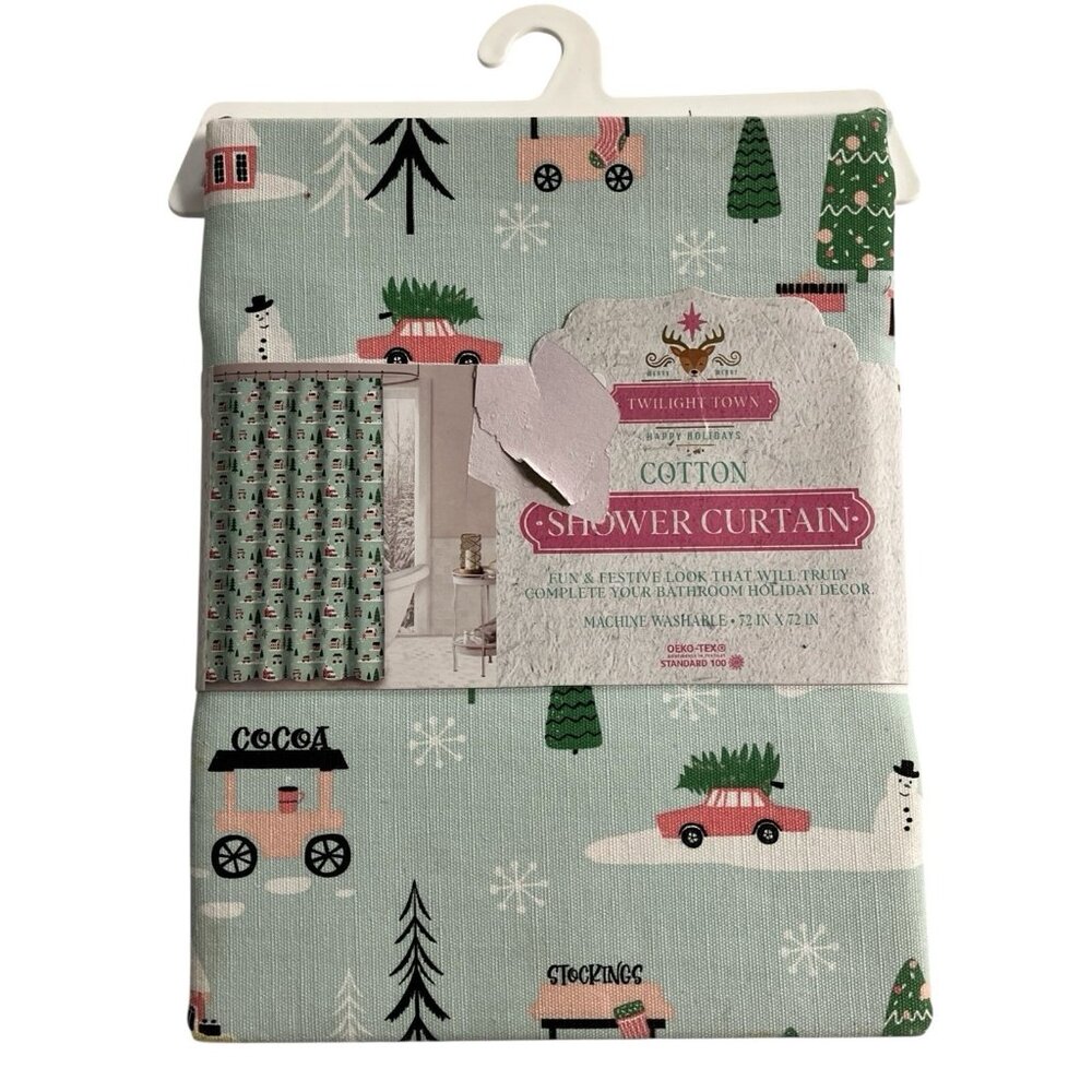 Twilight Town‎ Christmas Fabric Shower Curtain Holiday Light Green Outdoor Snow